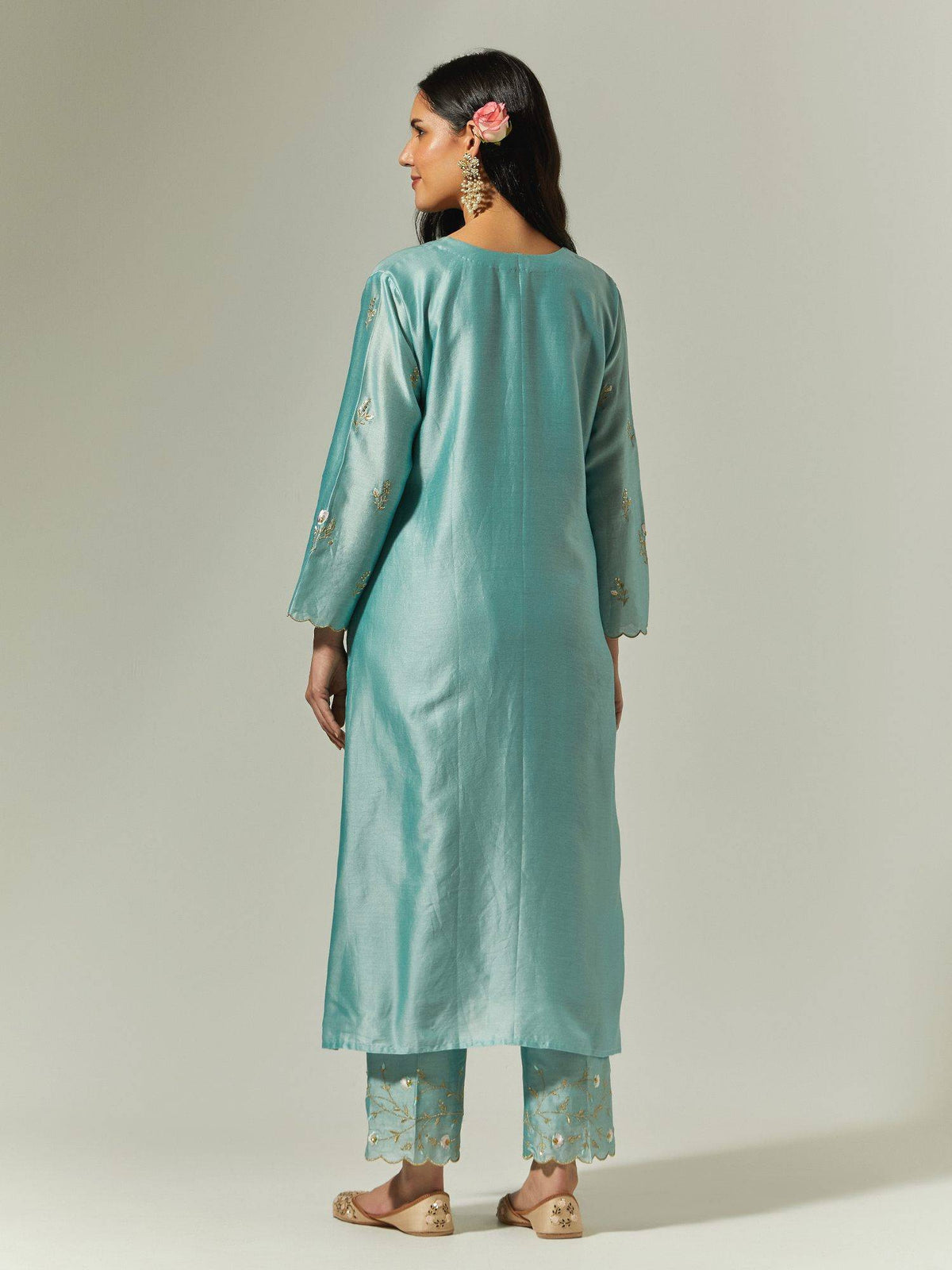 Light Pink Silk Chanderi Hand Embroidered Kurta With Plackett | FY93 - view 21