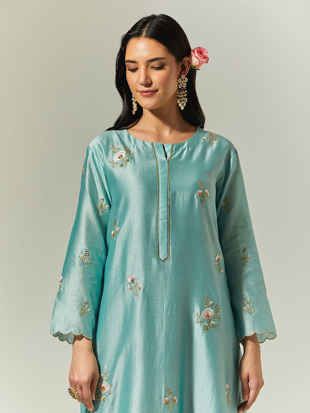 Light Pink Silk Chanderi Hand Embroidered Kurta With Plackett | KDG - view 24