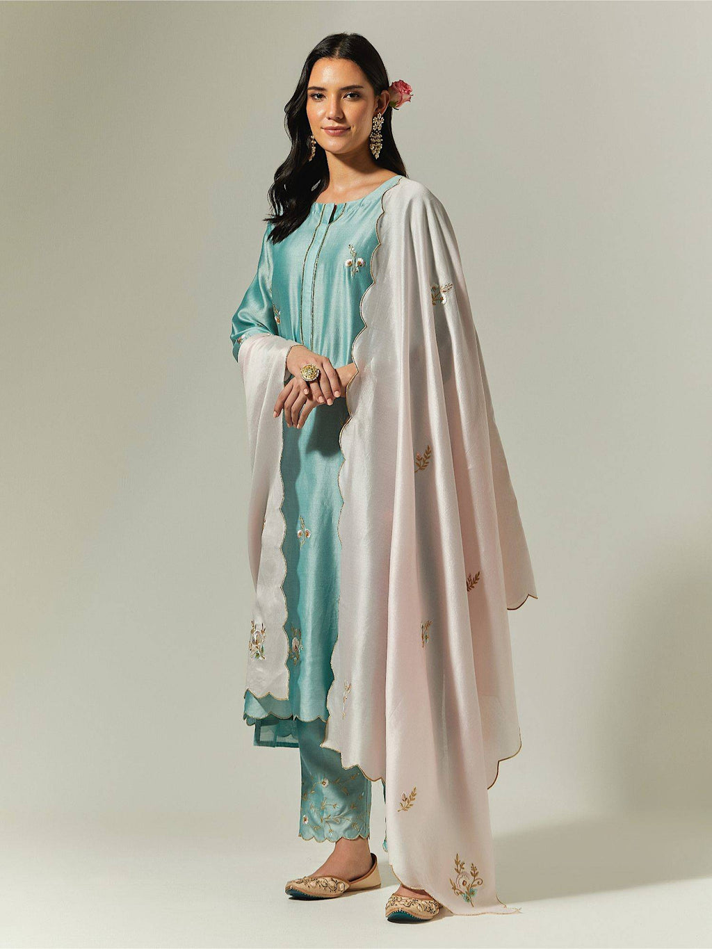 Red Silk Chanderi Hand Embroidered Kurta With Plackett | U3S - view 31