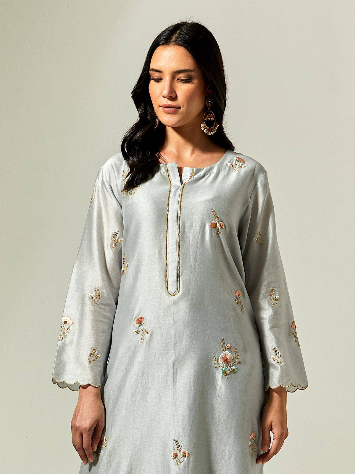 Light Pink Silk Chanderi Hand Embroidered Kurta With Plackett | KDG - view 10