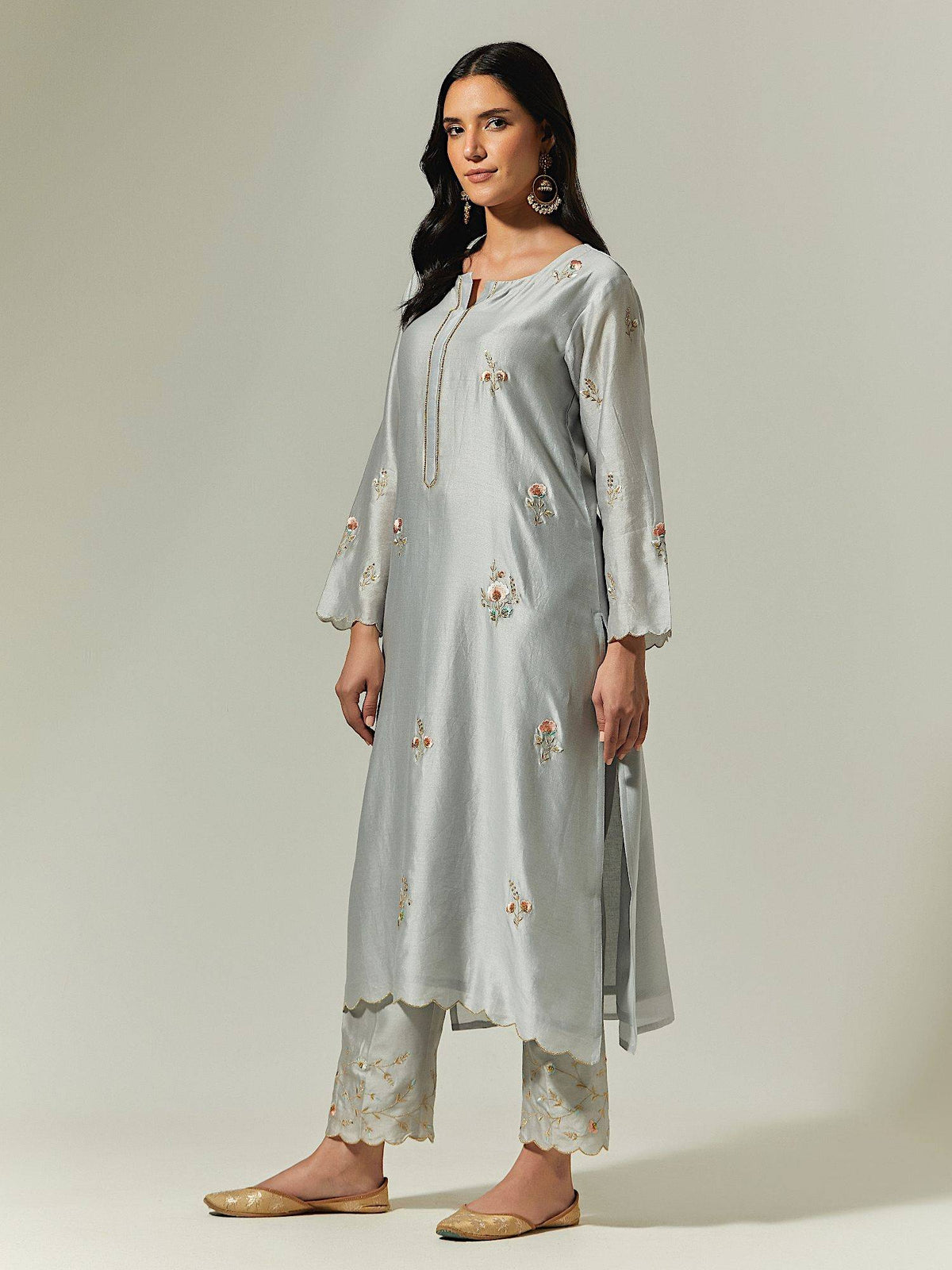 Red Silk Chanderi Hand Embroidered Kurta With Plackett | U3S - view 11