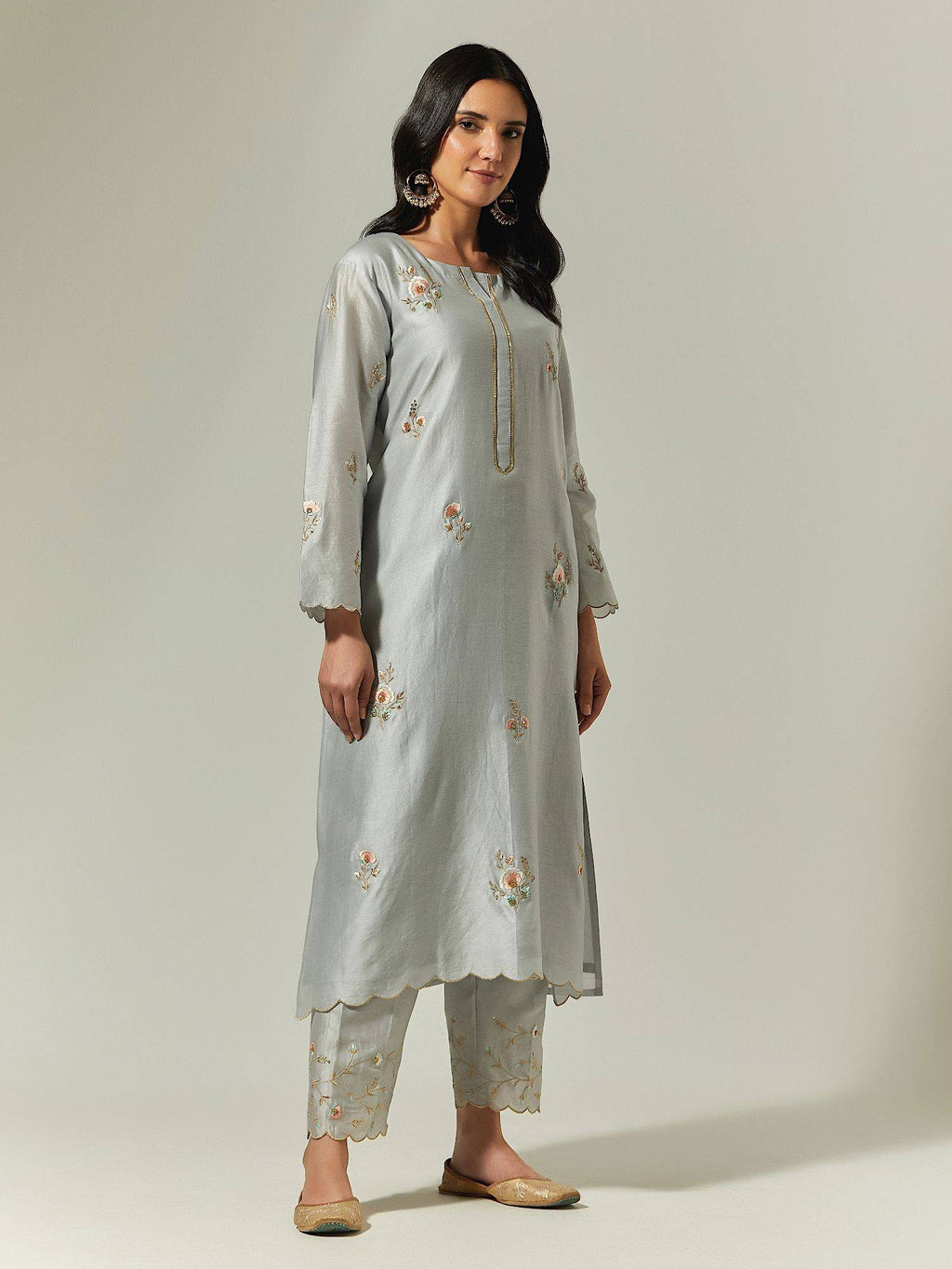 Light Pink Silk Chanderi Hand Embroidered Kurta With Plackett | KDG - view 12