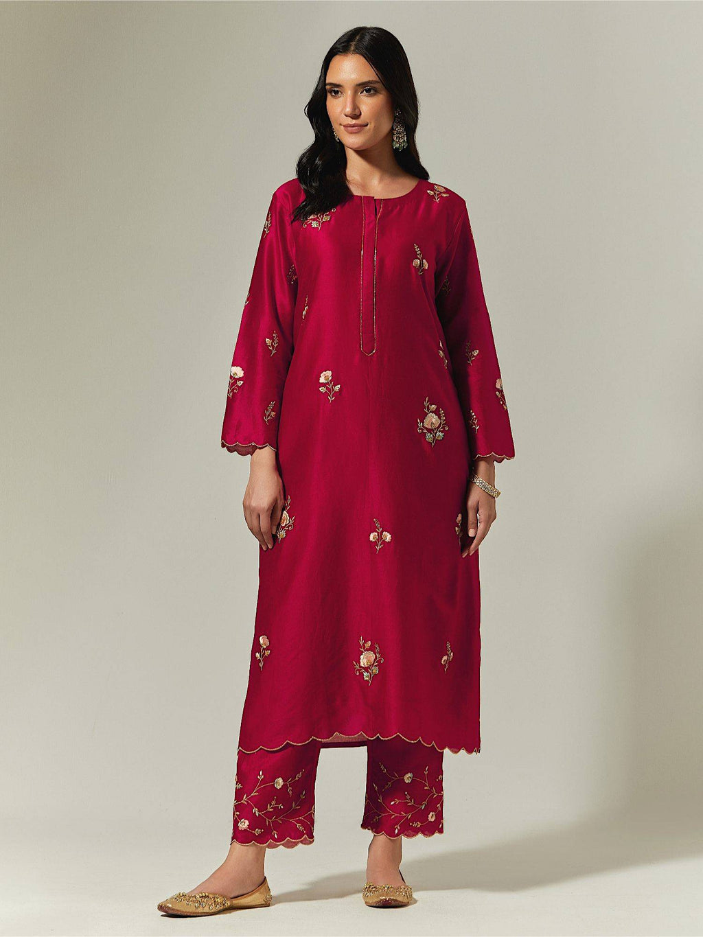 Light Pink Silk Chanderi Hand Embroidered Kurta With Plackett | FY93 - view 26