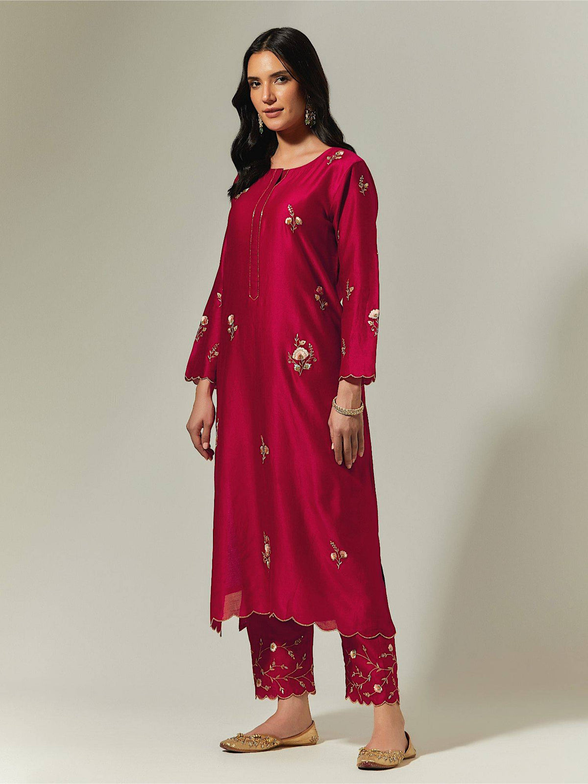 Light Pink Silk Chanderi Hand Embroidered Kurta With Plackett | FY93 - view 28