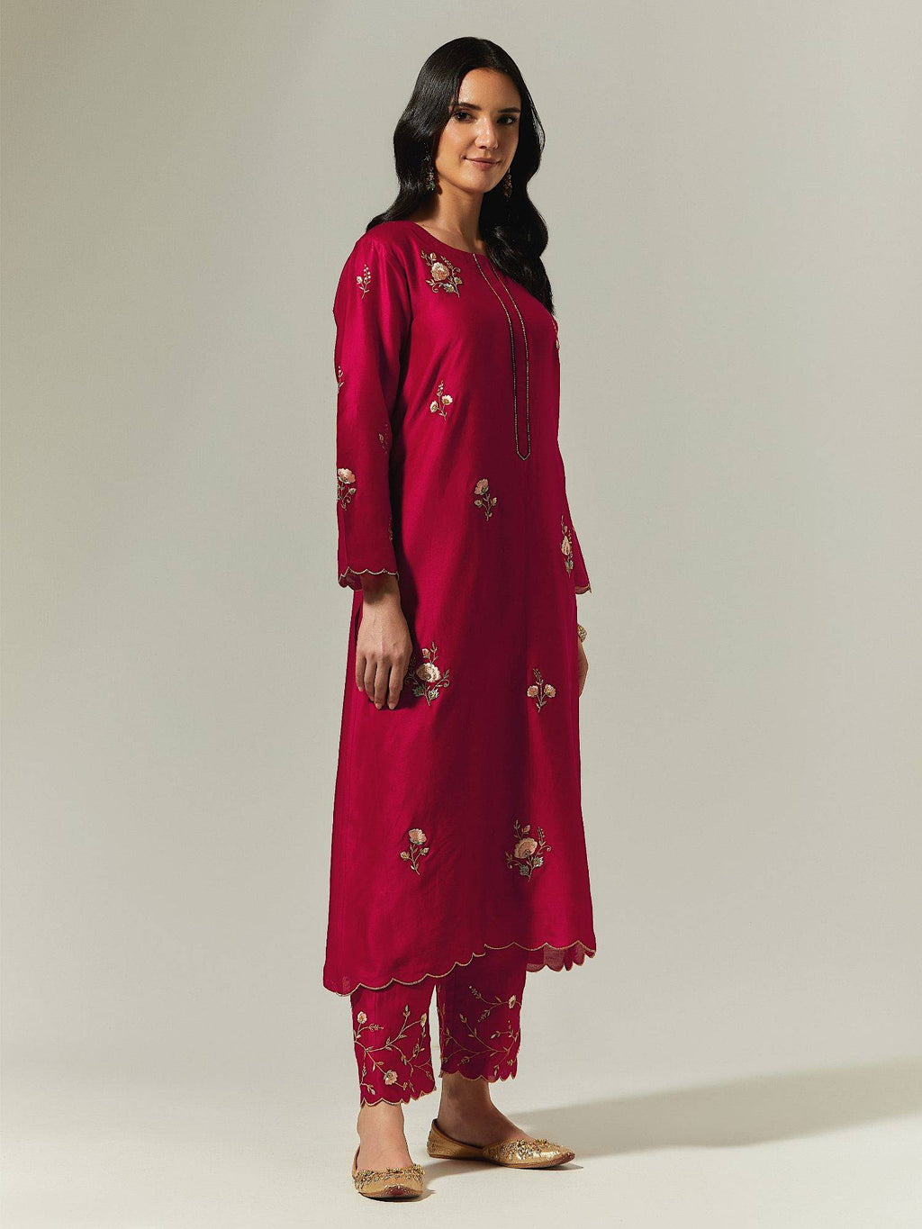 Red Silk Chanderi Hand Embroidered Kurta With Plackett | U3S - view 4