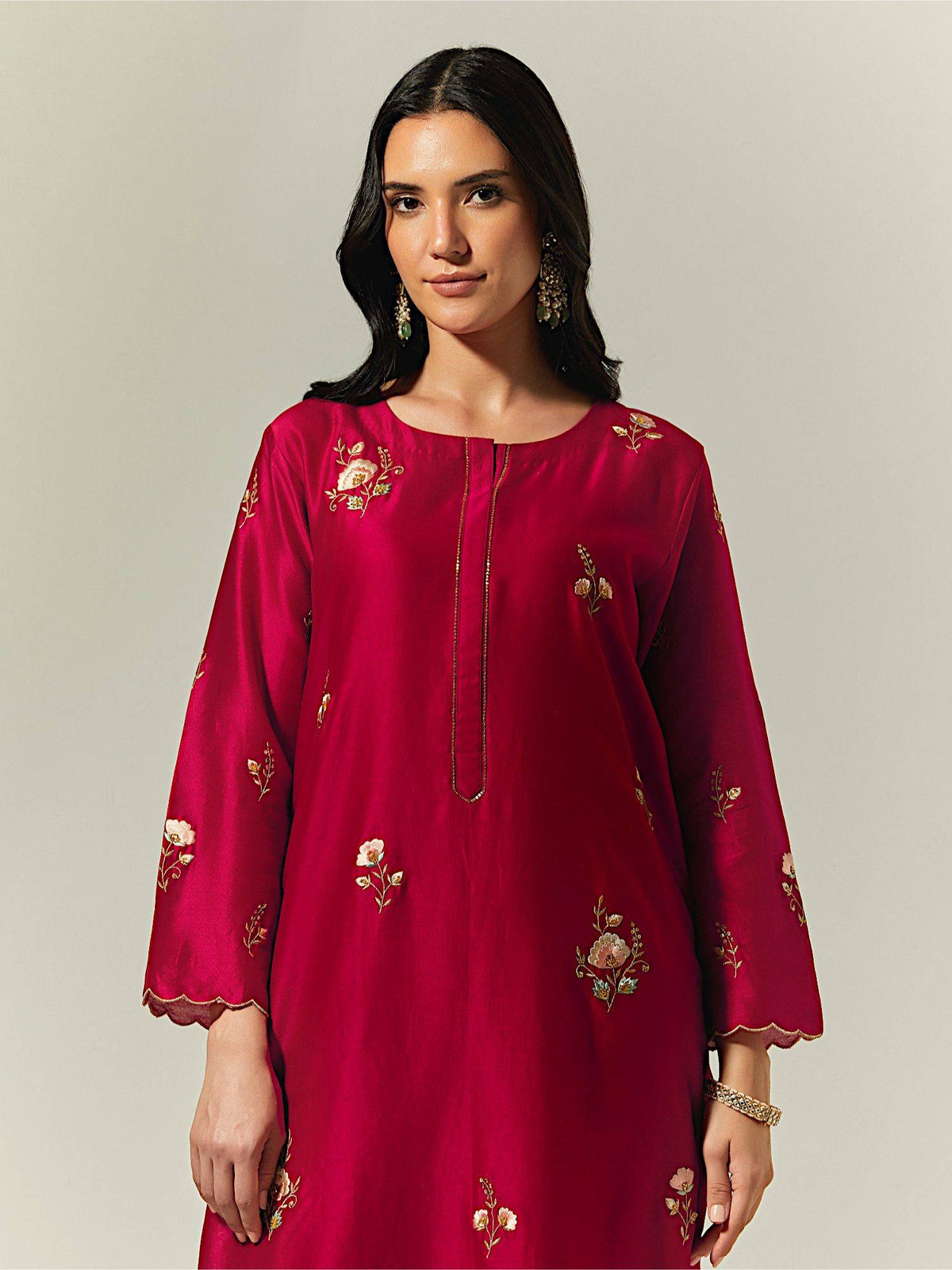 Red Silk Chanderi Hand Embroidered Kurta With Plackett | U3S - view 5