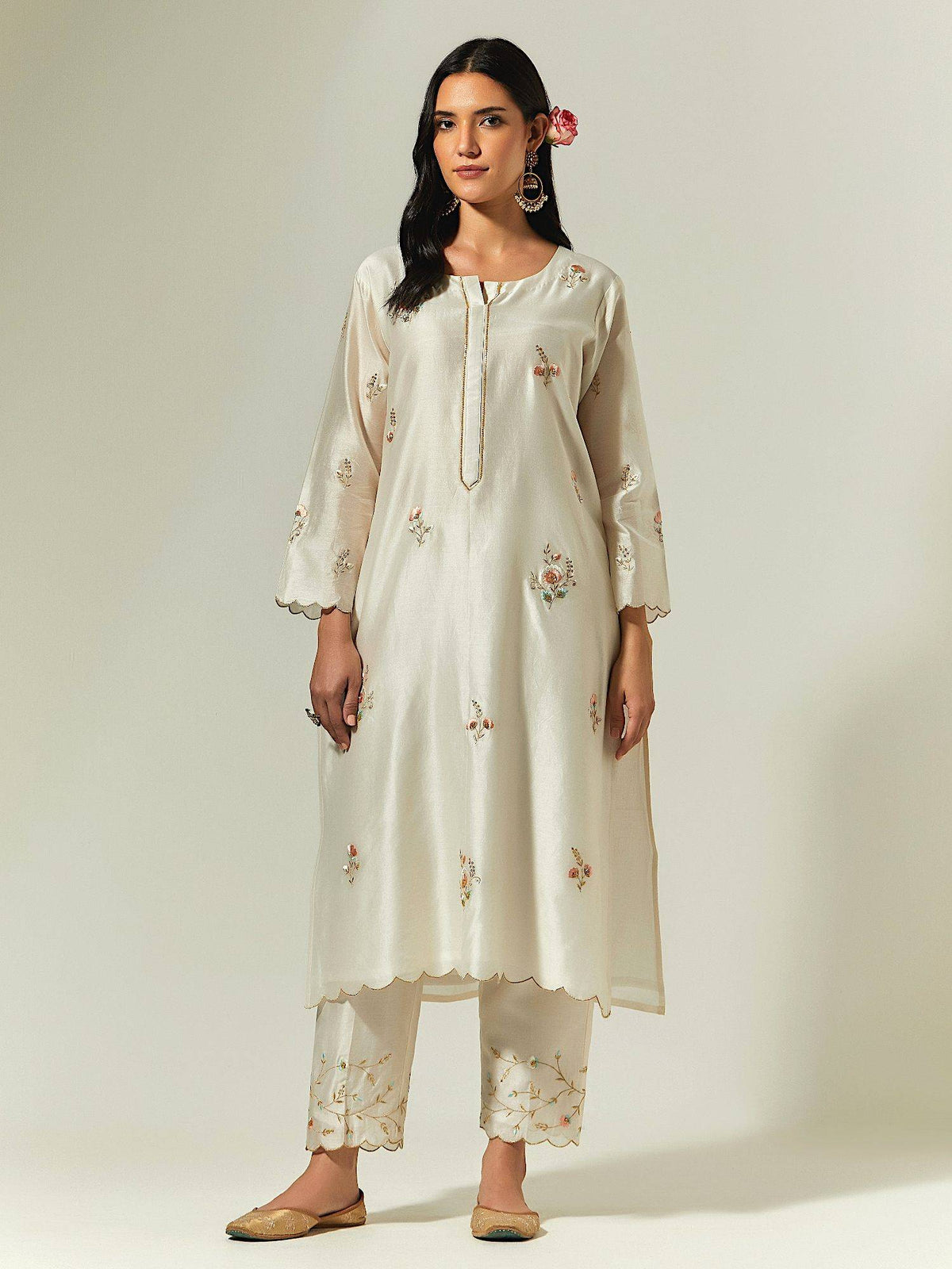 Red Silk Chanderi Hand Embroidered Kurta With Plackett | U3S - view 20