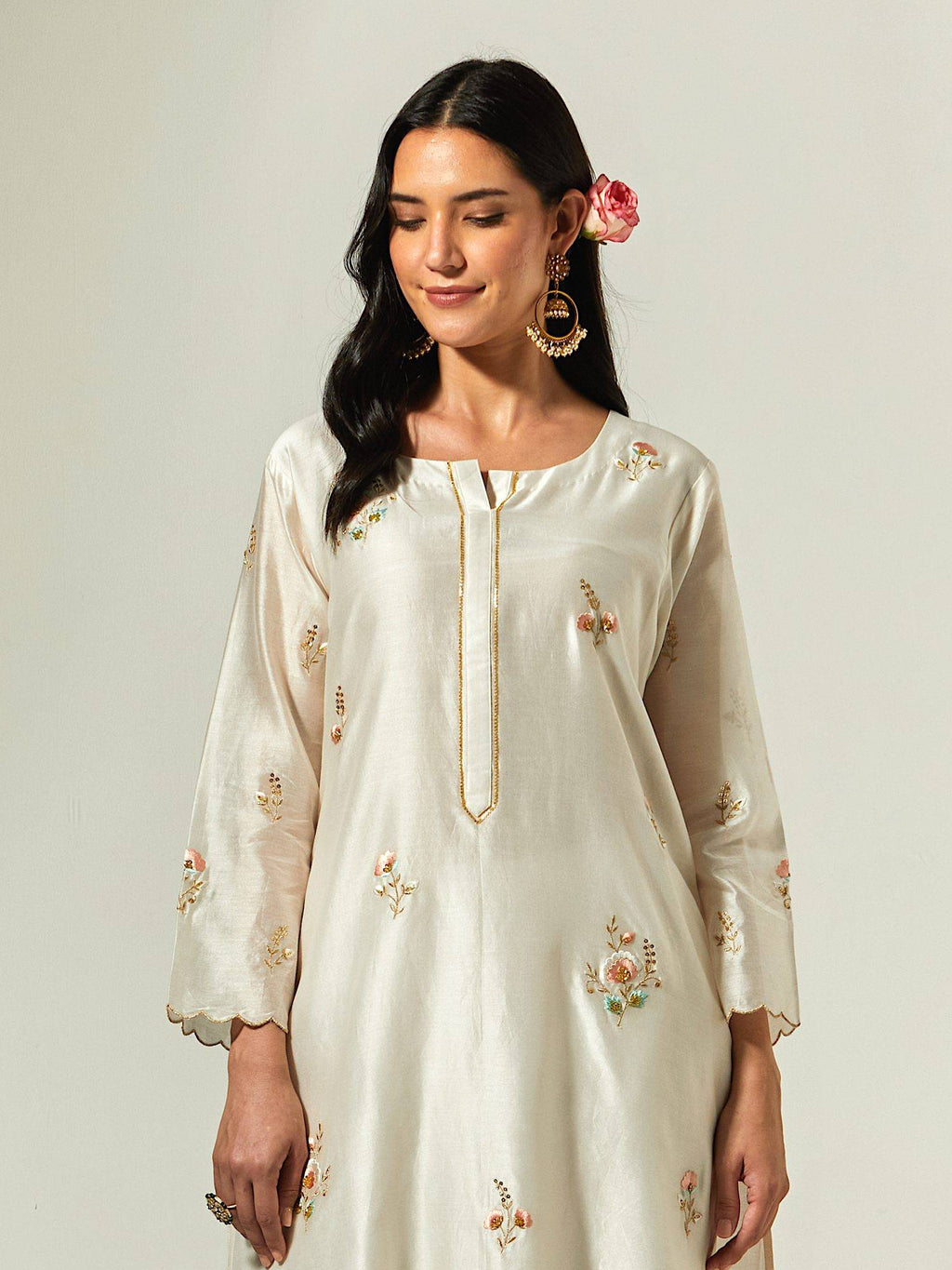 Red Silk Chanderi Hand Embroidered Kurta With Plackett | U3S - view 22