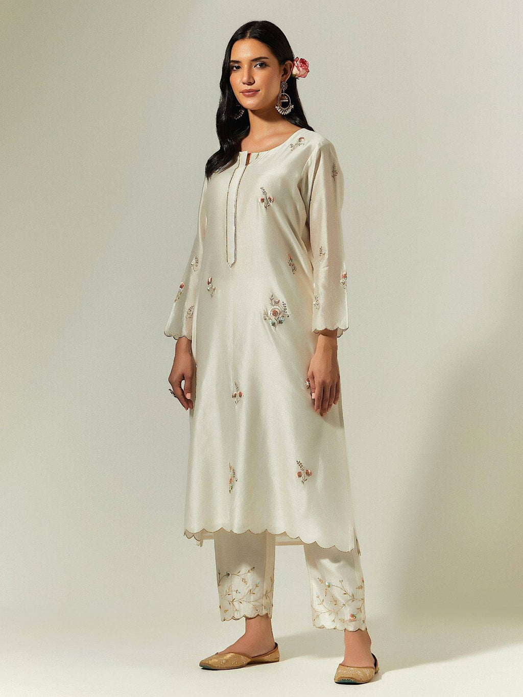 Light Pink Silk Chanderi Hand Embroidered Kurta With Plackett | KDG - view 17
