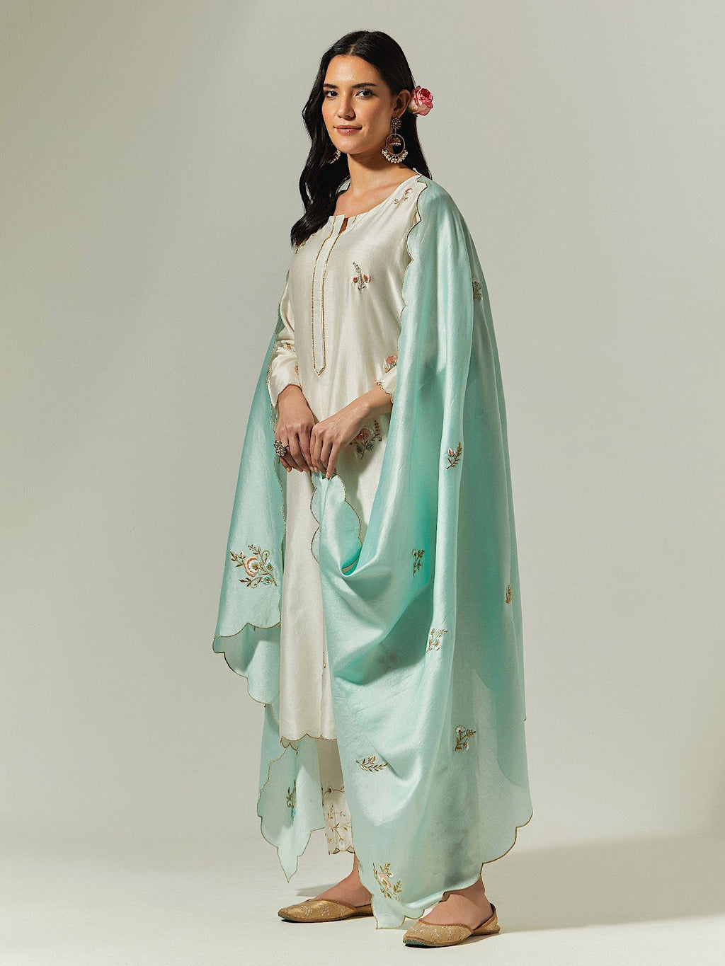 Light Pink Silk Chanderi Hand Embroidered Kurta With Plackett | KDG - view 19