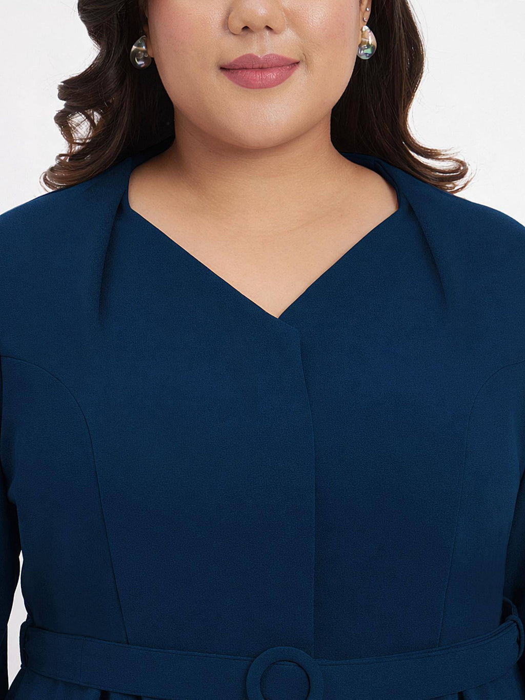 Blue Plus Size Full Sleeve Formal Top With Belt | pt51 - view 2
