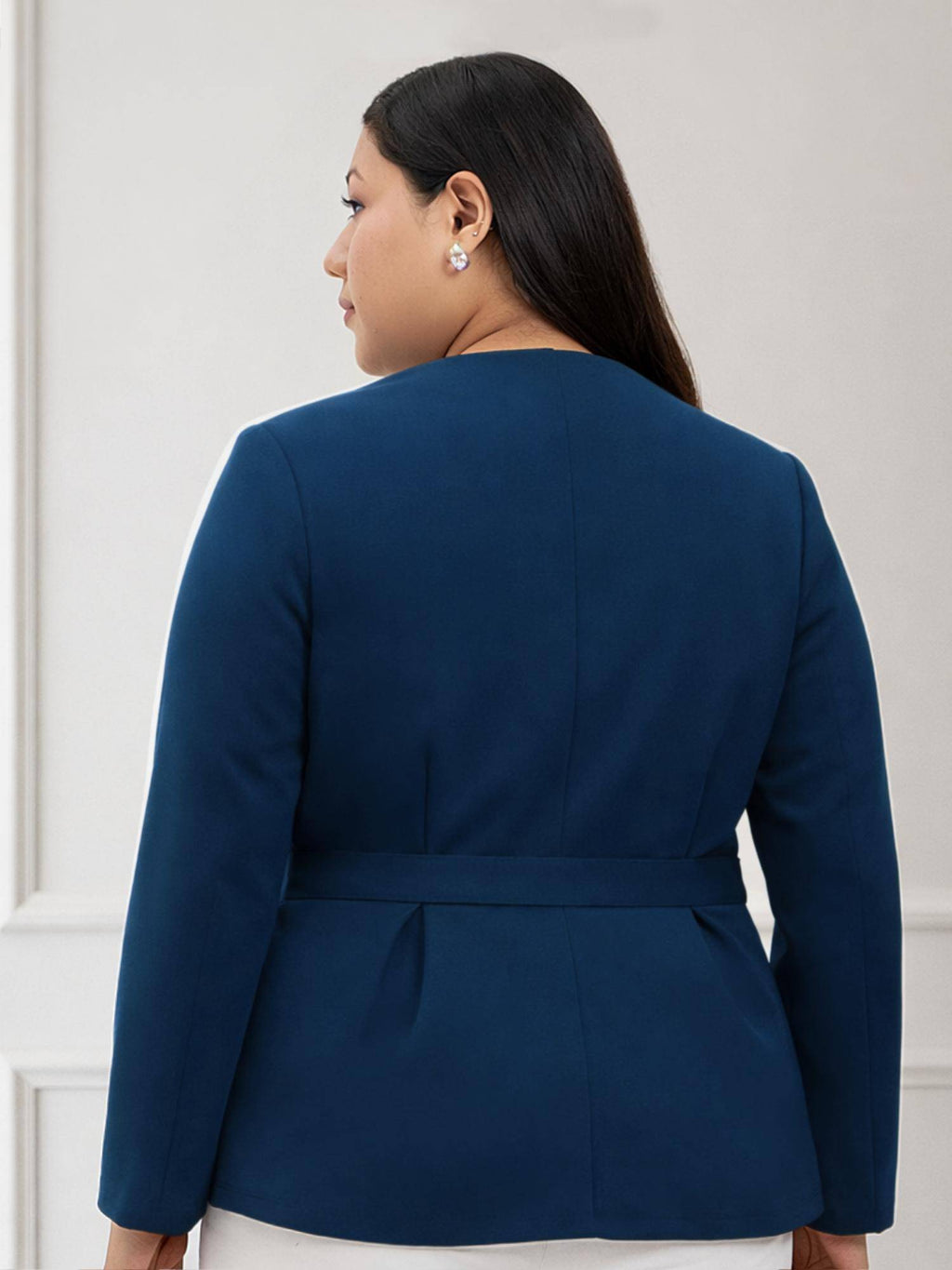 Blue Plus Size Full Sleeve Formal Top With Belt | pt51 - view 3