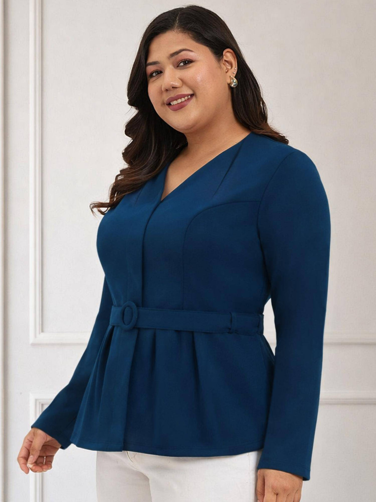 Blue Plus Size Full Sleeve Formal Top With Belt | pt51 - view 4