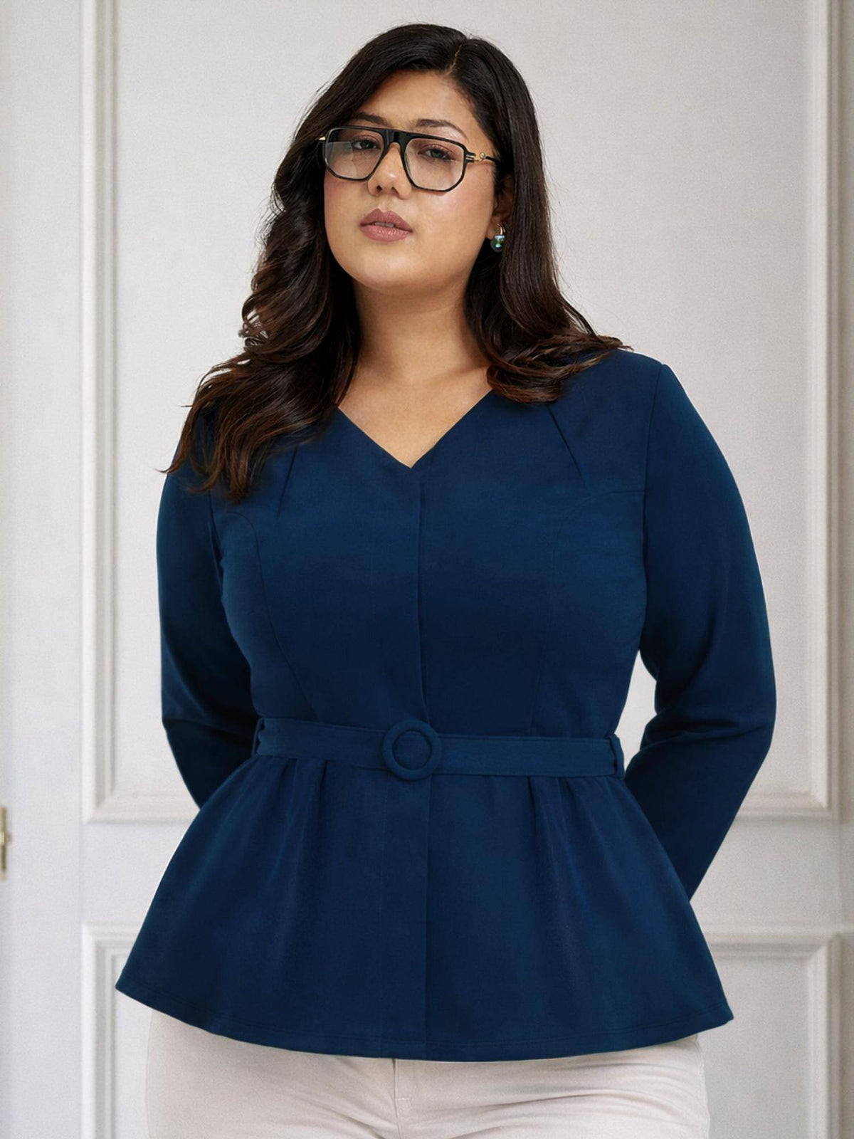 Blue Plus Size Full Sleeve Formal Top With Belt | pt51 - view 5