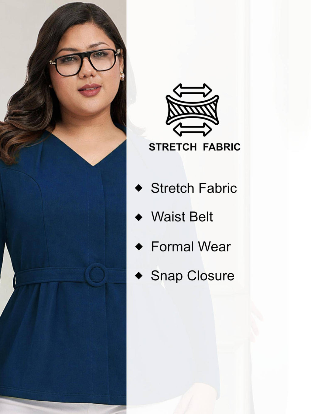 Blue Plus Size Full Sleeve Formal Top With Belt | pt51 - view 6