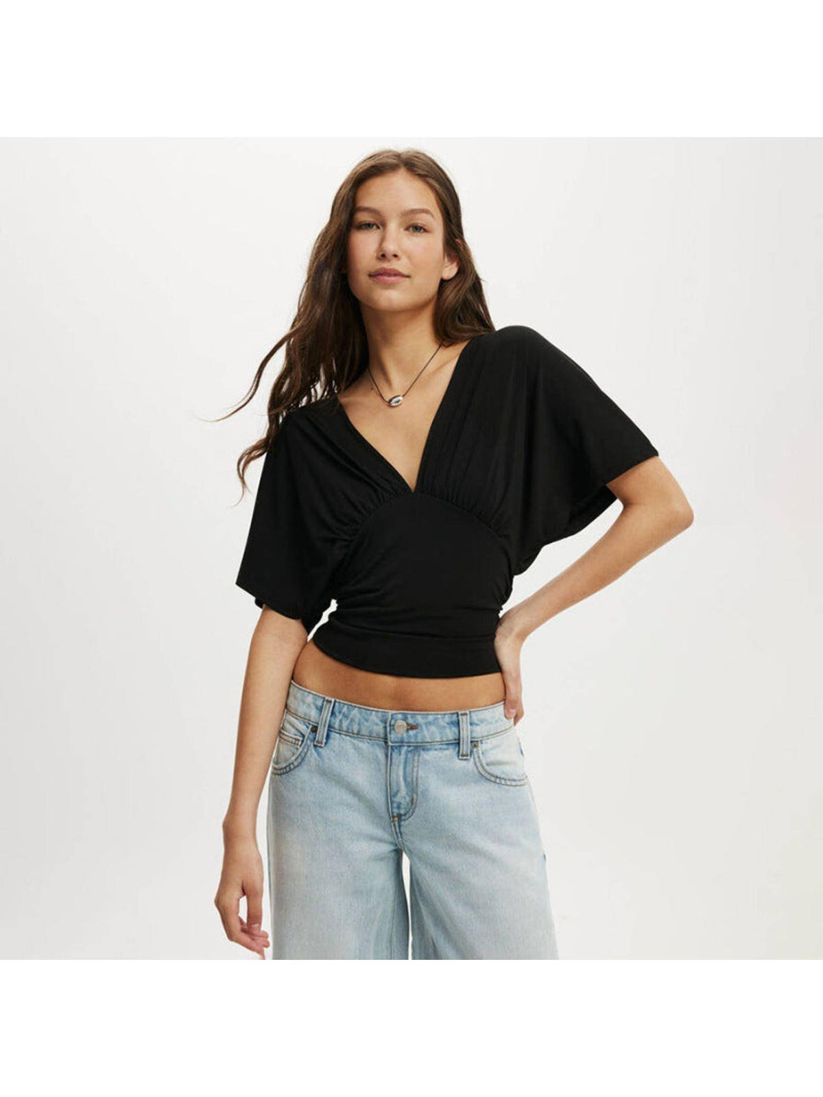 Black Half Sleeve V-Neck Crop Top | CT61 - view 1