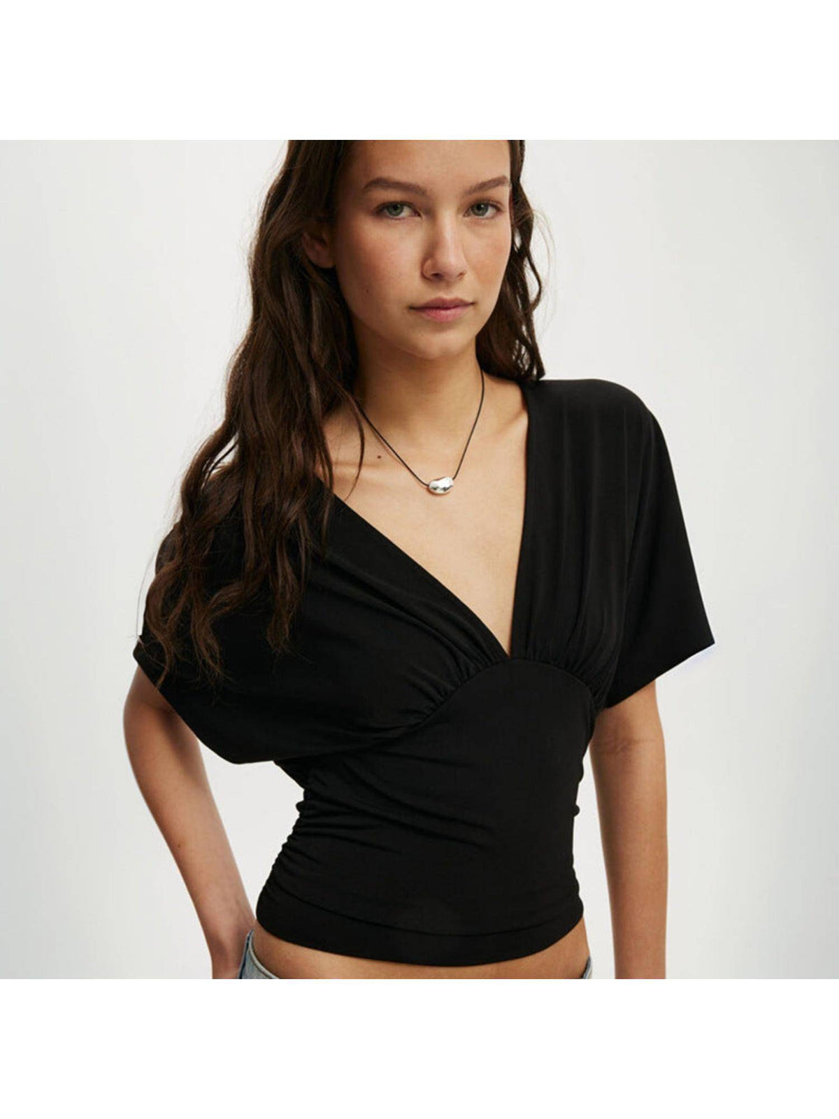 Black Half Sleeve V-Neck Crop Top | CT61 - view 2