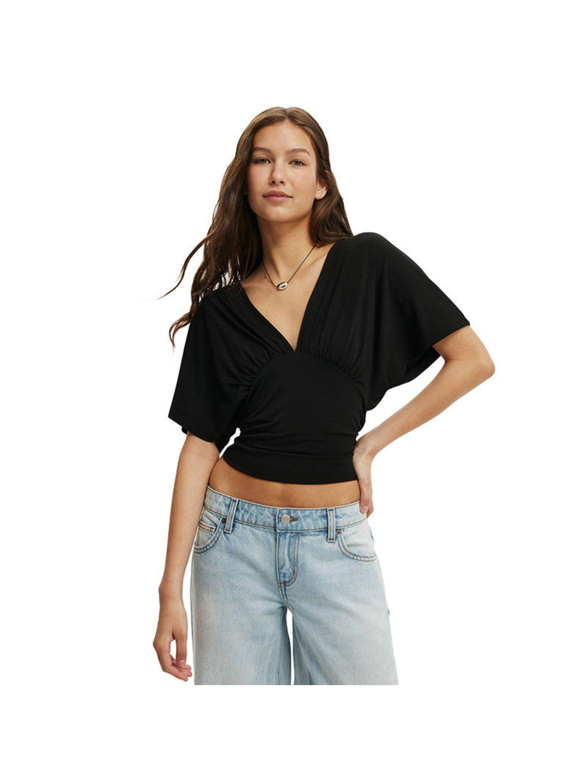 Black Half Sleeve V-Neck Crop Top | CT61 - view 3