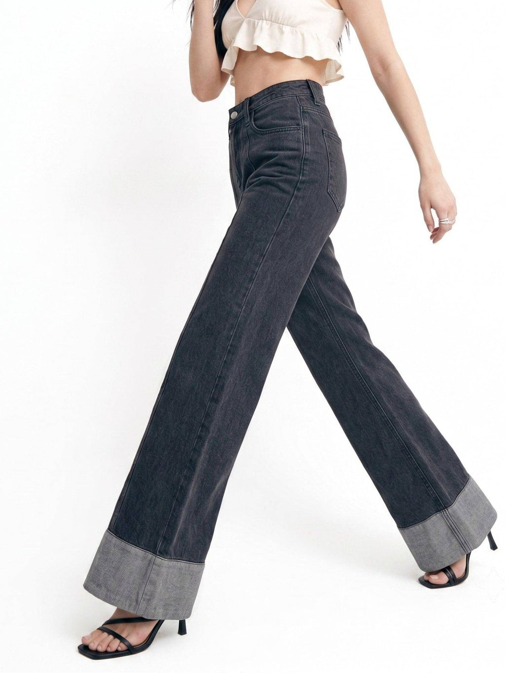 Grey Folded Hem Wide Leg Jeans | WL90 - view 2