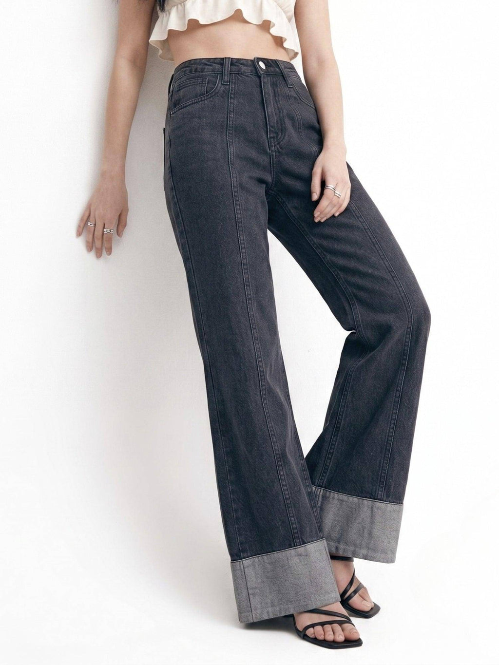 Grey Folded Hem Wide Leg Jeans | WL90 - view 3