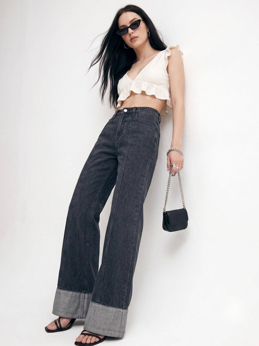 Grey Folded Hem Wide Leg Jeans | WL90 - view 4