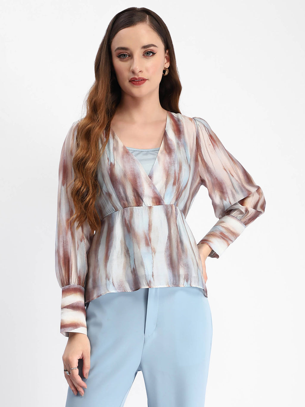 Blue Abstract Print Cuff Sleeve Peplum Top | pt51 - view 1