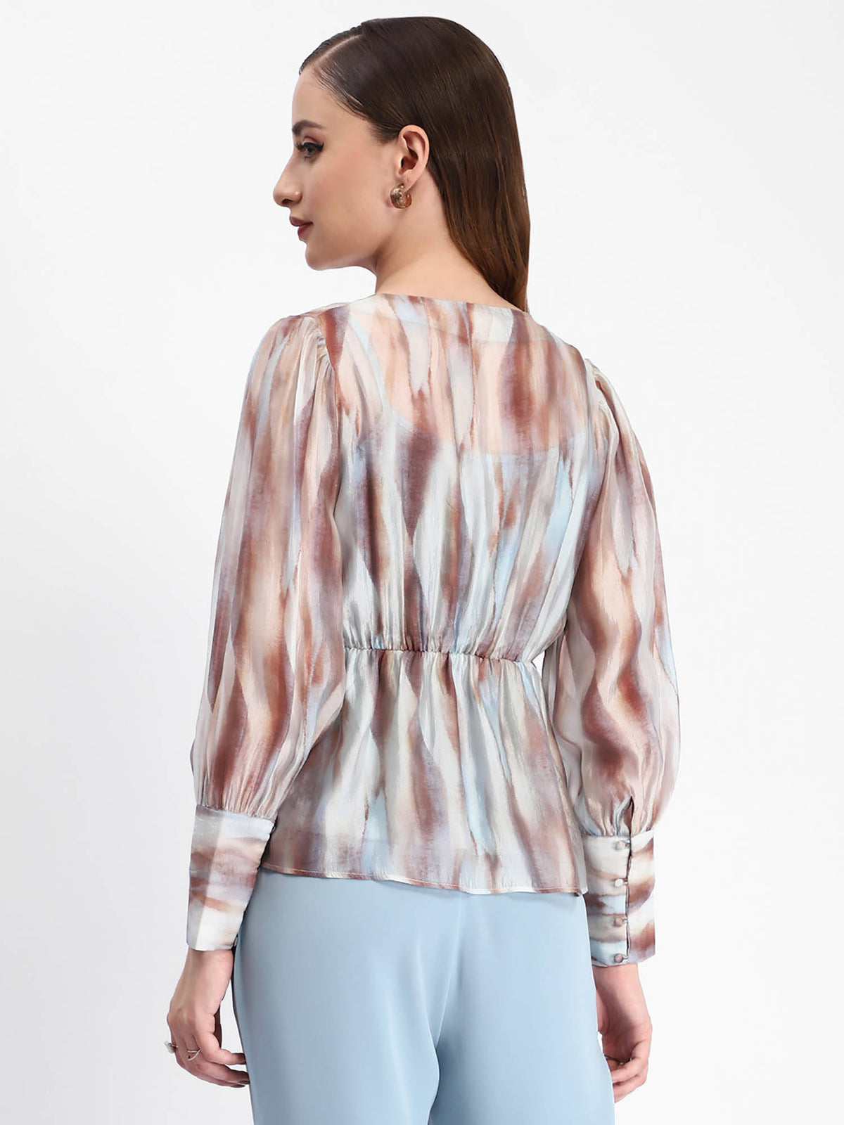 Blue Abstract Print Cuff Sleeve Peplum Top | pt51 - view 2