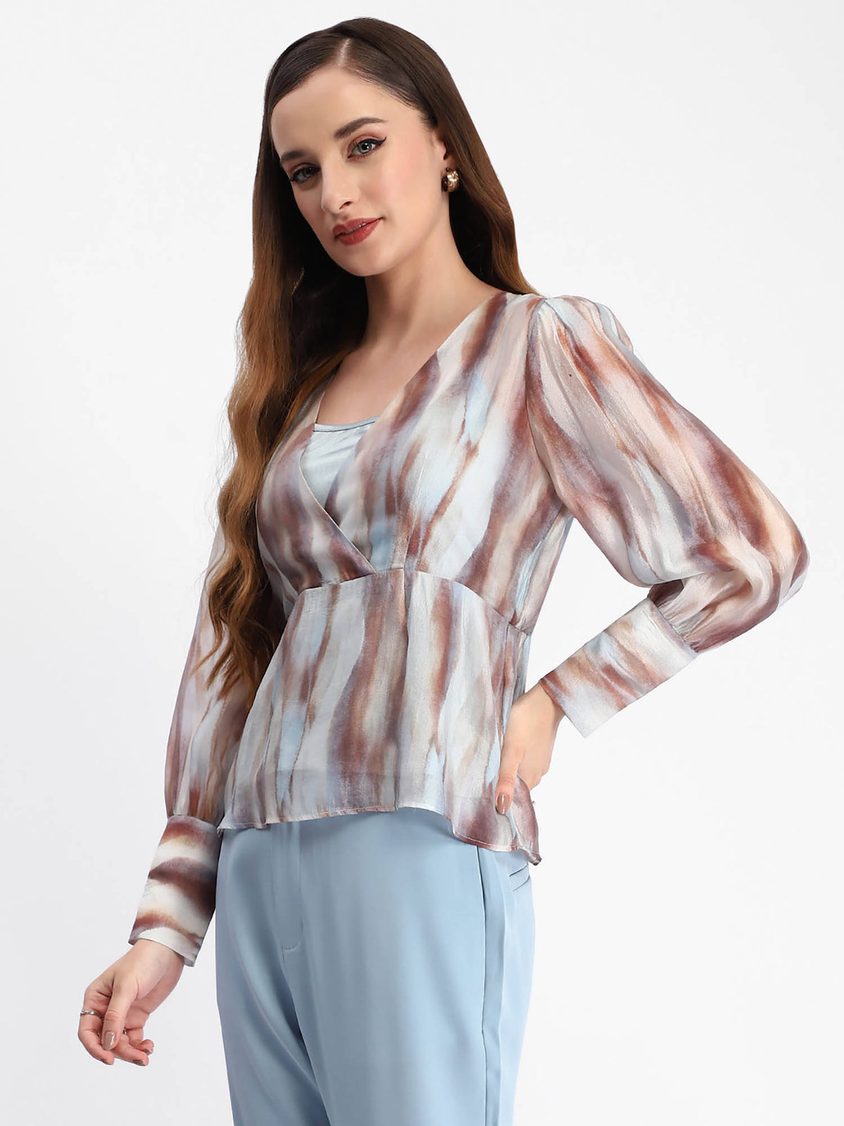 Blue Abstract Print Cuff Sleeve Peplum Top | pt51 - view 3