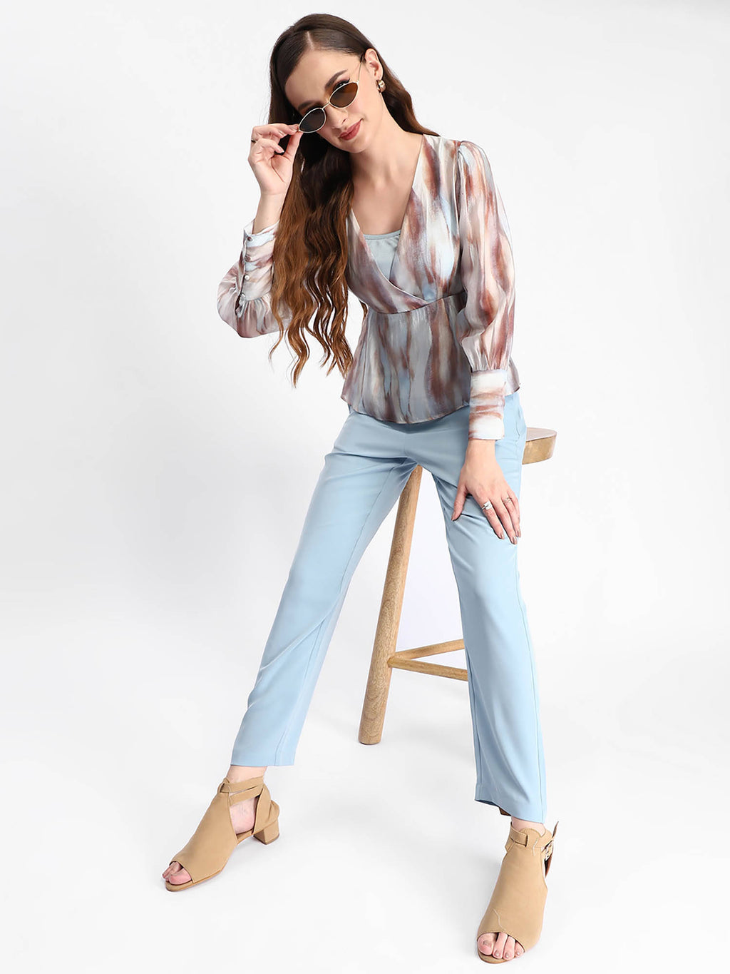 Blue Abstract Print Cuff Sleeve Peplum Top | pt51 - view 5
