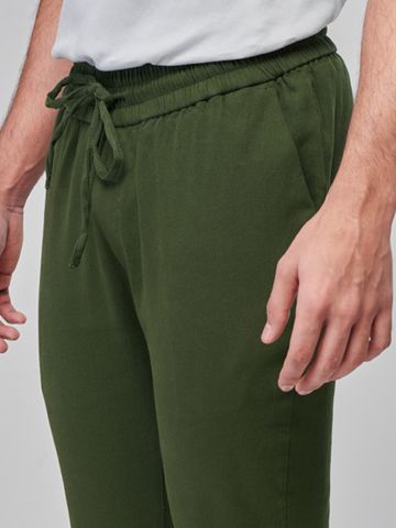 Buy Solids Dark Olive Cotton Stretch Structured Pants Online F56