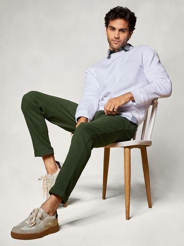 Buy Solids Dark Olive Cotton Stretch Structured Pants Online F56