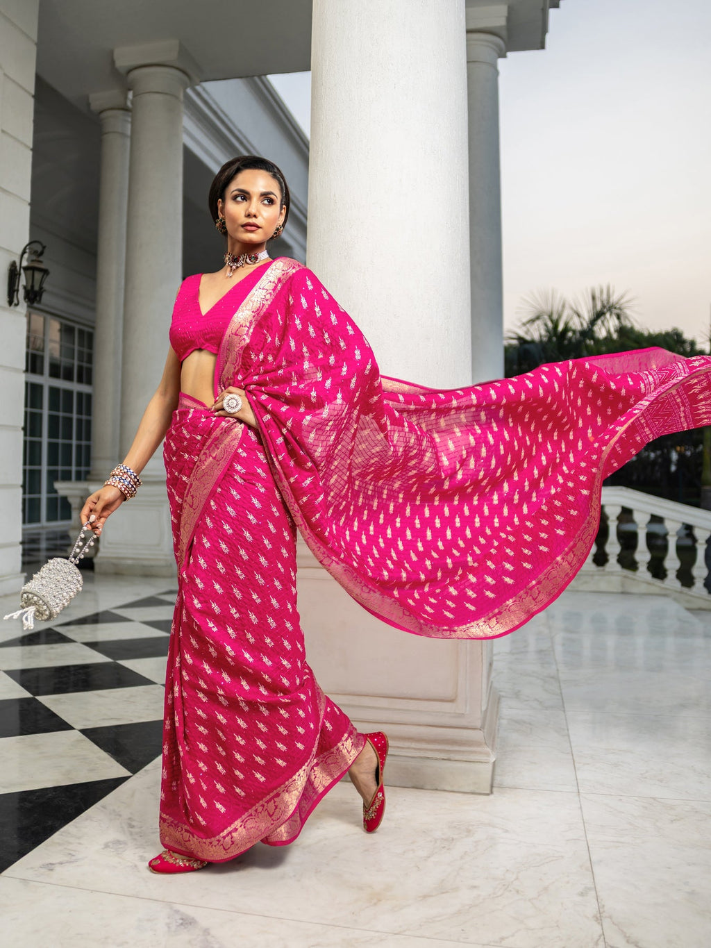 Libas Pink Printed Silk Blend Saree With Unstitched Blouse Piece S45
