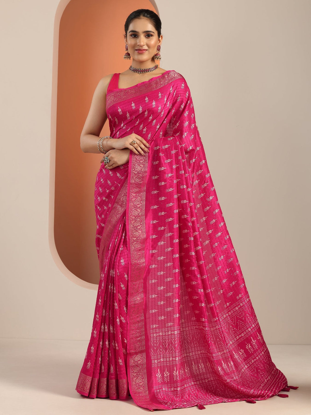 Libas Pink Printed Silk Blend Saree With Unstitched Blouse Piece S45