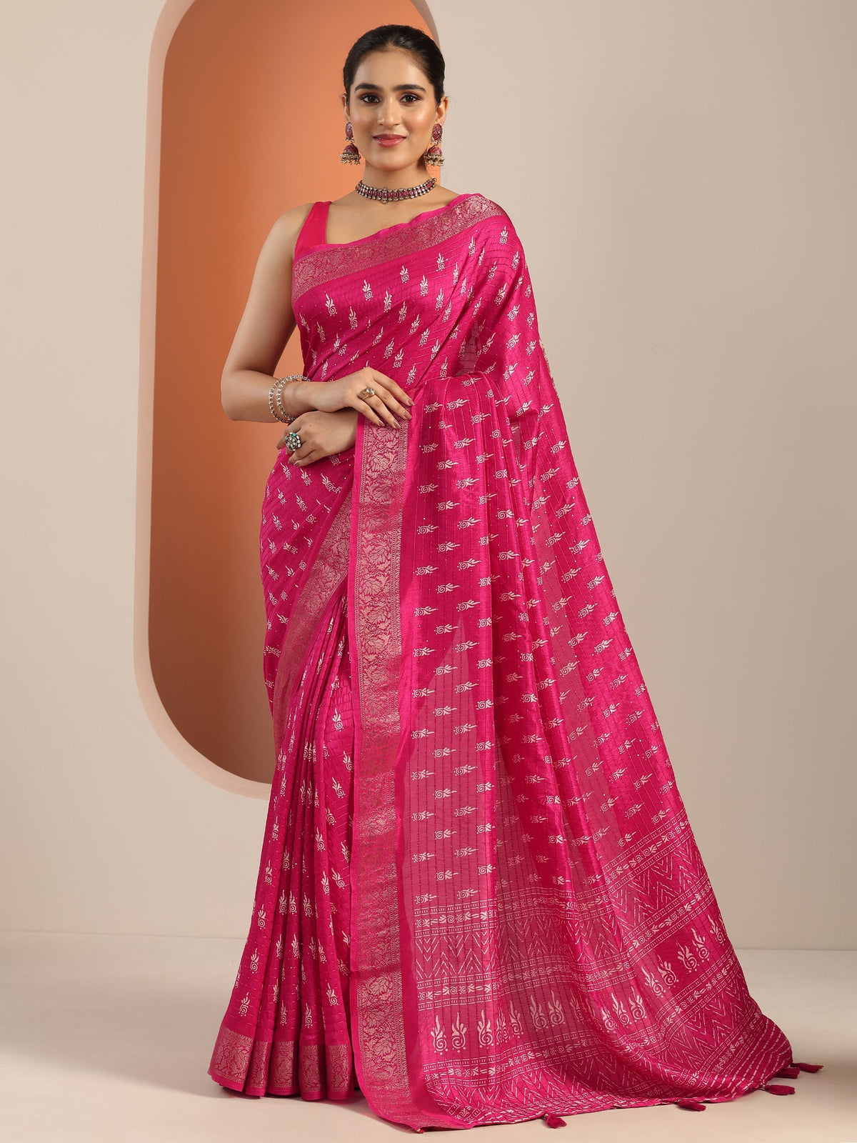 Libas Pink Printed Silk Blend Saree With Unstitched Blouse Piece