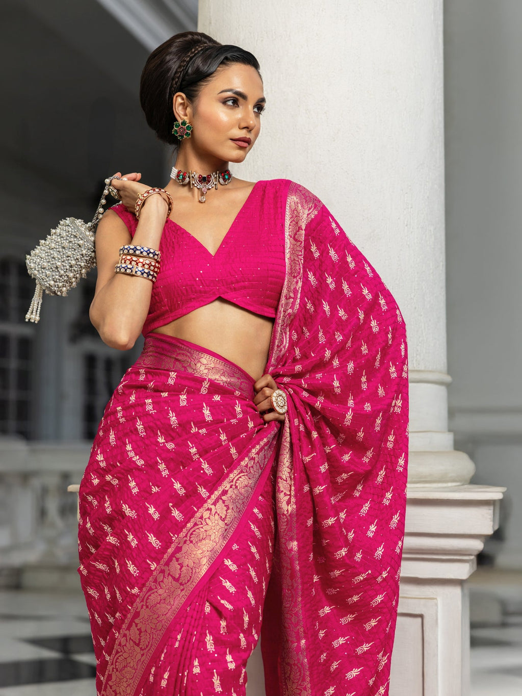 Libas Pink Printed Silk Blend Saree With Unstitched Blouse Piece S45