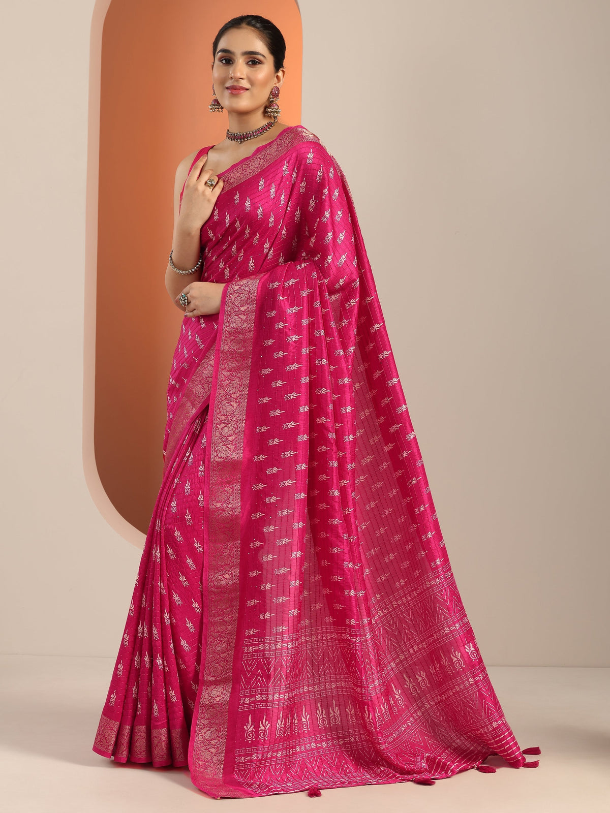 Libas Pink Printed Silk Blend Saree With Unstitched Blouse Piece
