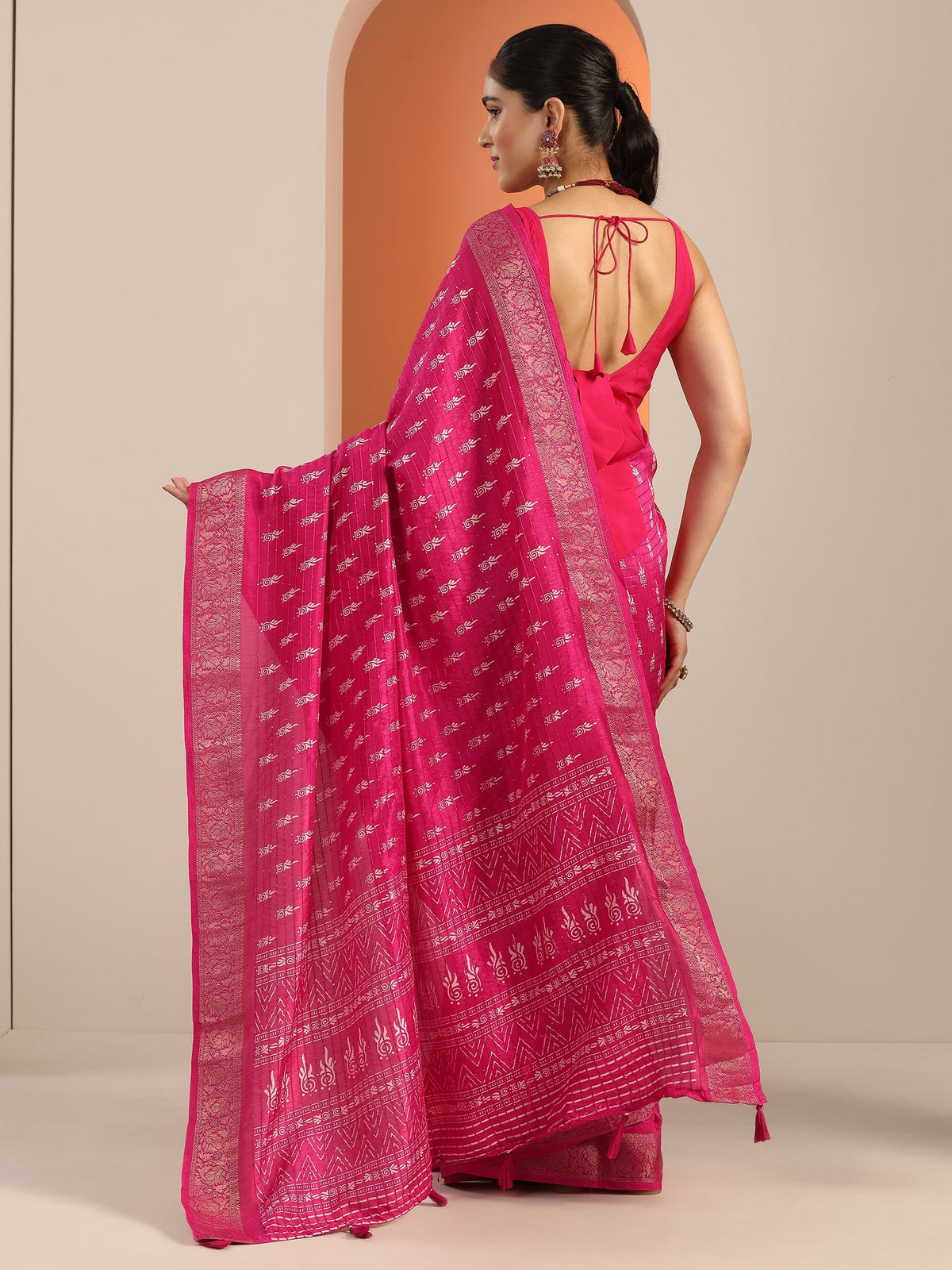 Libas Pink Printed Silk Blend Saree With Unstitched Blouse Piece