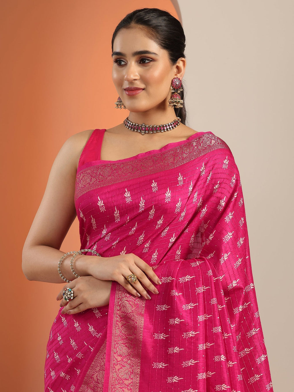 Libas Pink Printed Silk Blend Saree With Unstitched Blouse Piece S45