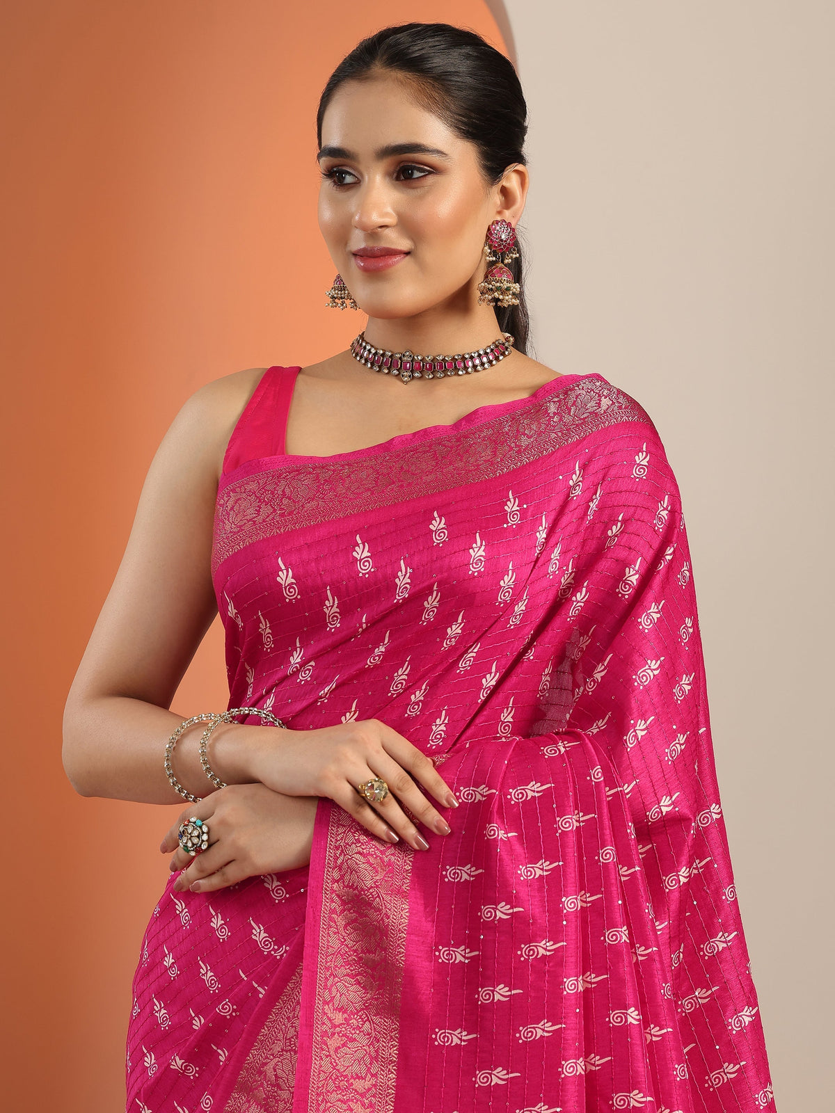 Libas Pink Printed Silk Blend Saree With Unstitched Blouse Piece