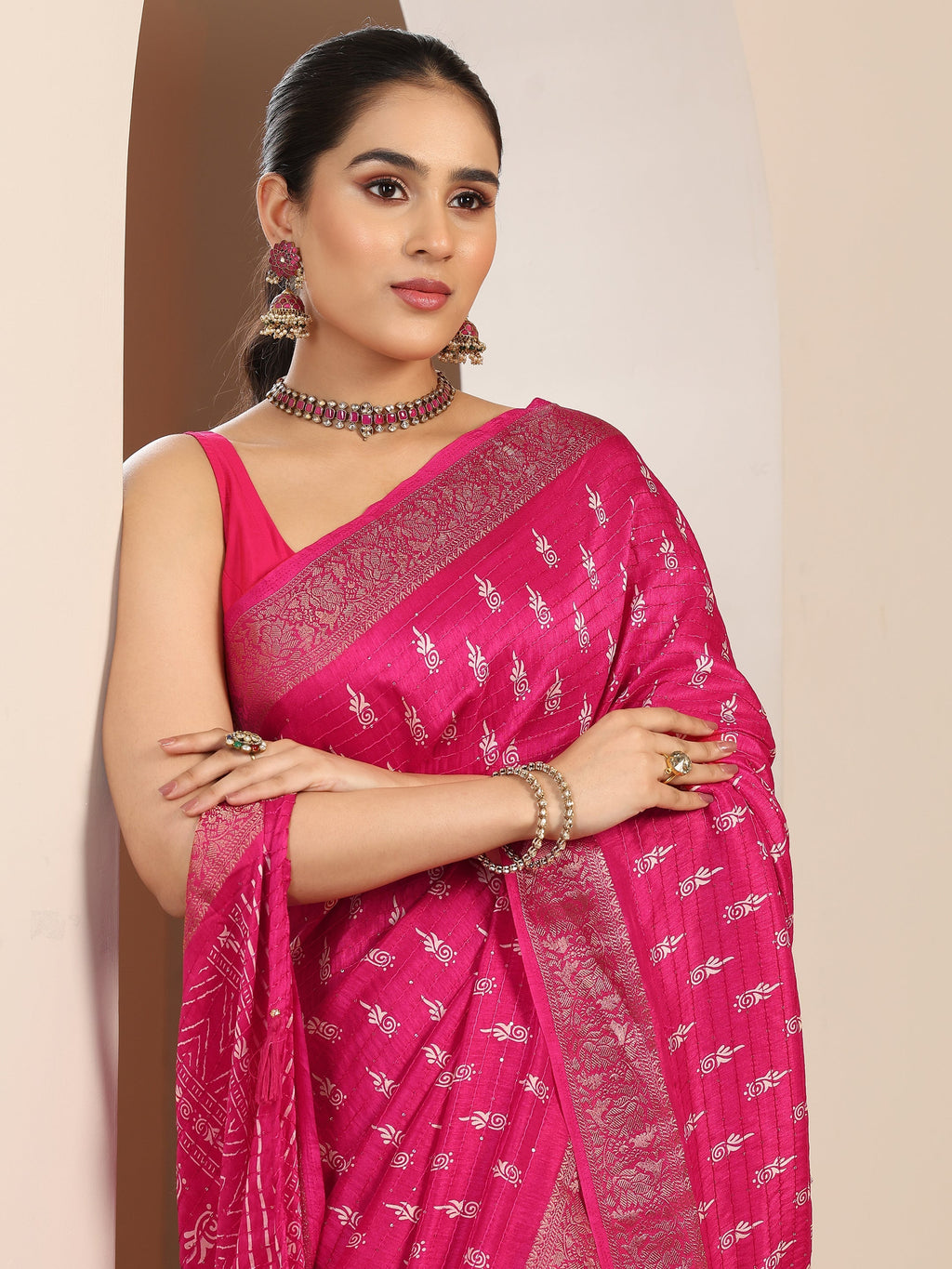 Libas Pink Printed Silk Blend Saree With Unstitched Blouse Piece