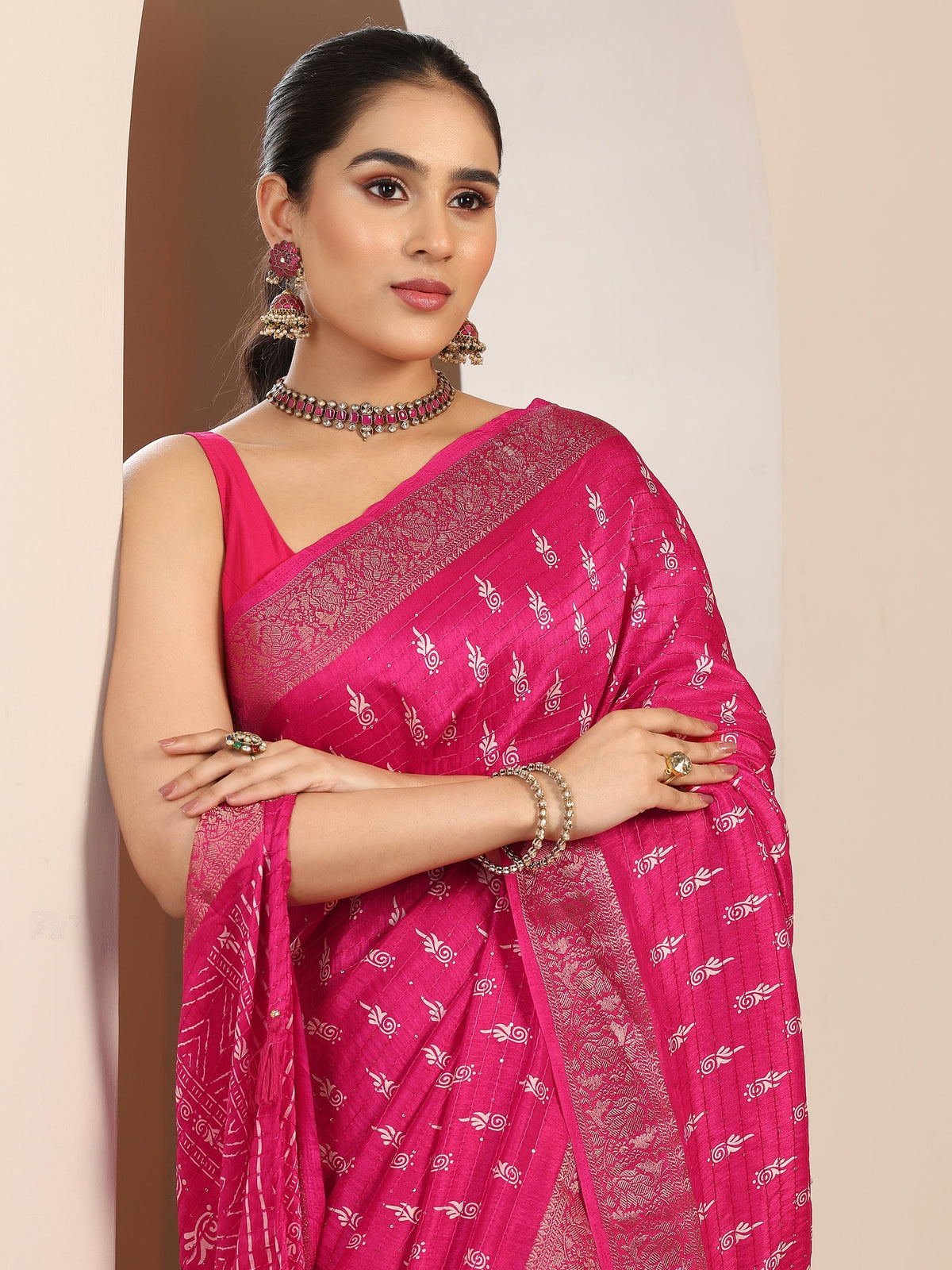 Libas Pink Printed Silk Blend Saree With Unstitched Blouse Piece