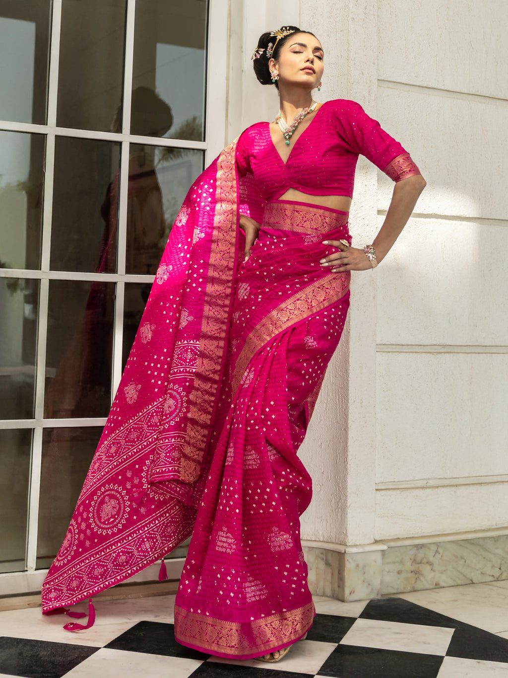 Libas Pink Printed Silk Blend Saree With Unstitched Blouse Piece