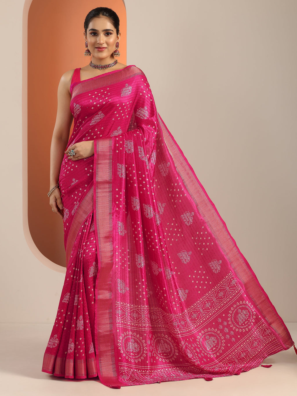 Libas Pink Printed Silk Blend Saree With Unstitched Blouse Piece