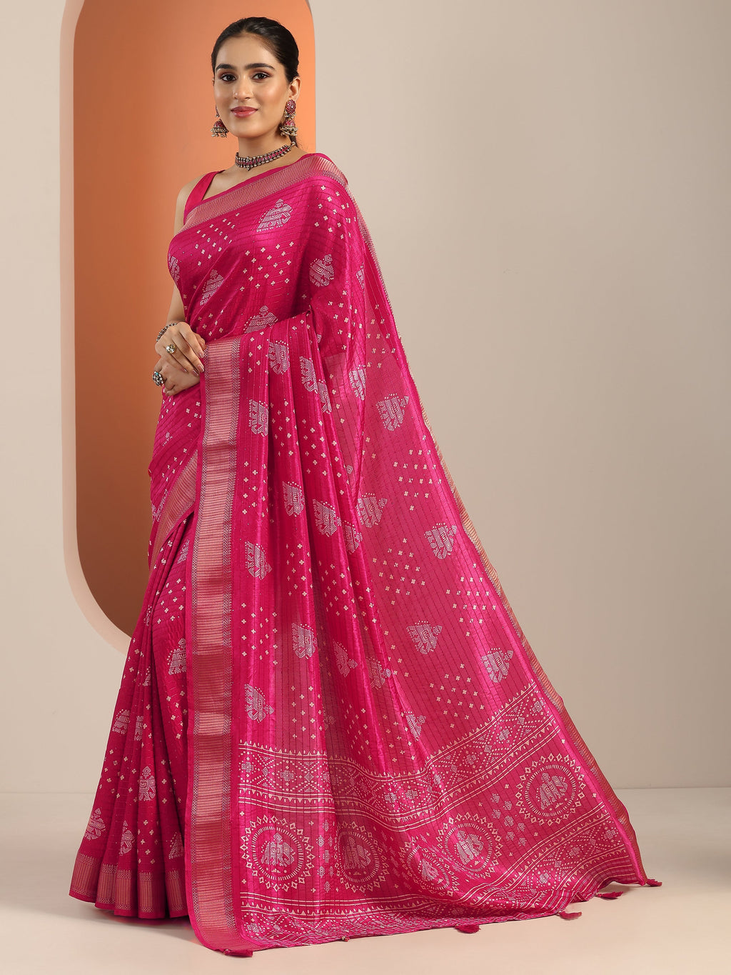 Libas Pink Printed Silk Blend Saree With Unstitched Blouse Piece