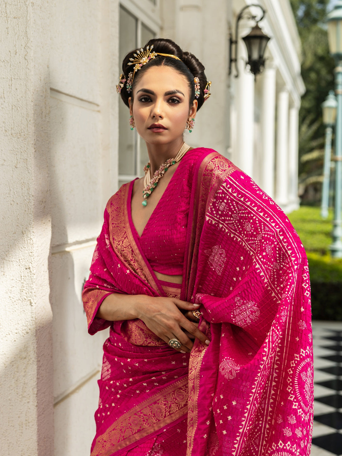 Libas Pink Printed Silk Blend Saree With Unstitched Blouse Piece