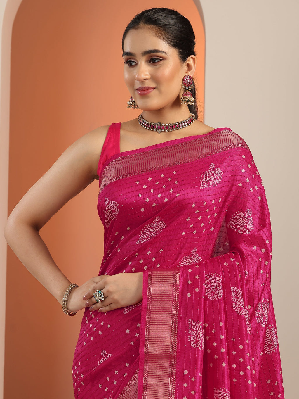 Libas Pink Printed Silk Blend Saree With Unstitched Blouse Piece