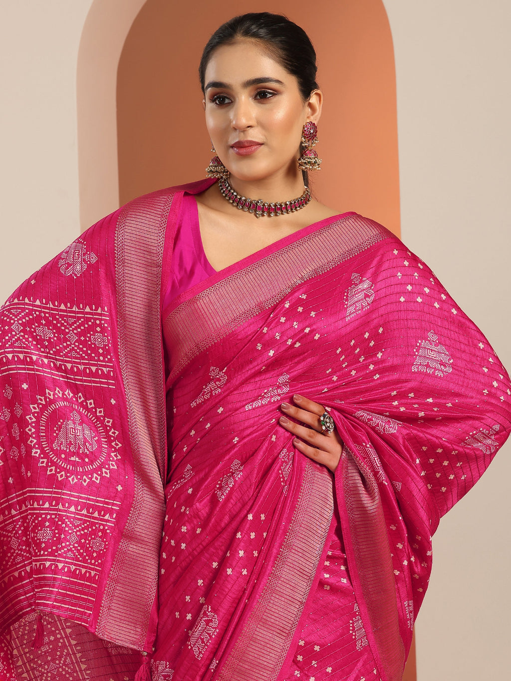 Libas Pink Printed Silk Blend Saree With Unstitched Blouse Piece