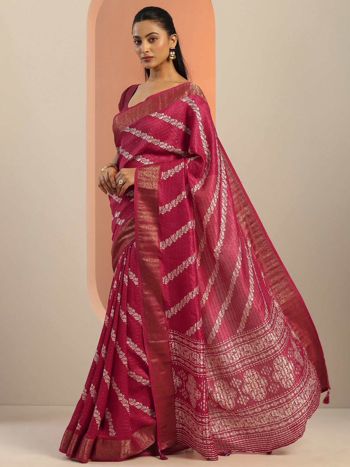 Libas Pink Printed Silk Blend Saree With Unstitched Blouse Piece