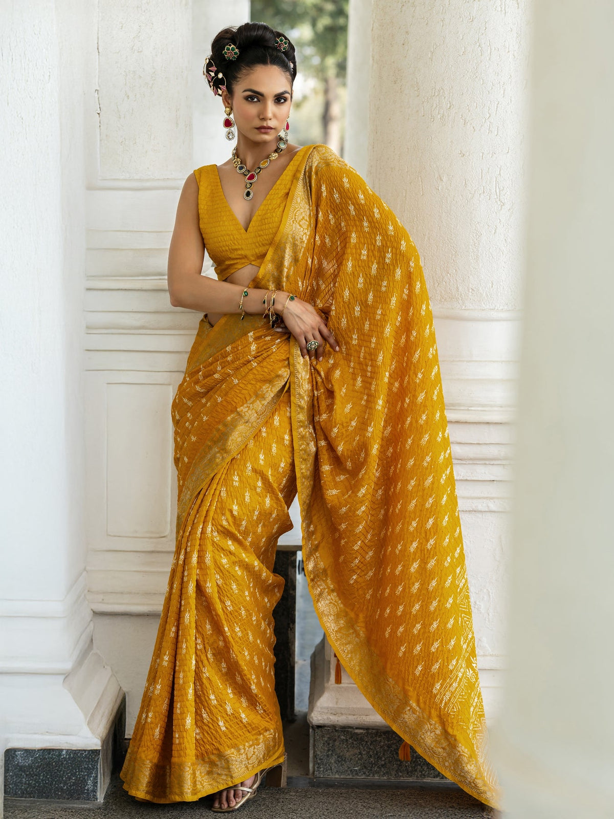 Libas Mustard Printed Silk Blend Saree With Unstitched Blouse Piece S45