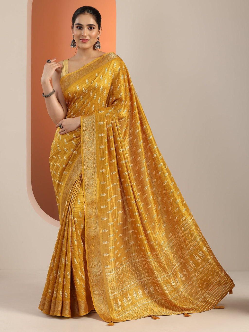 Libas Mustard Printed Silk Blend Saree With Unstitched Blouse Piece S45